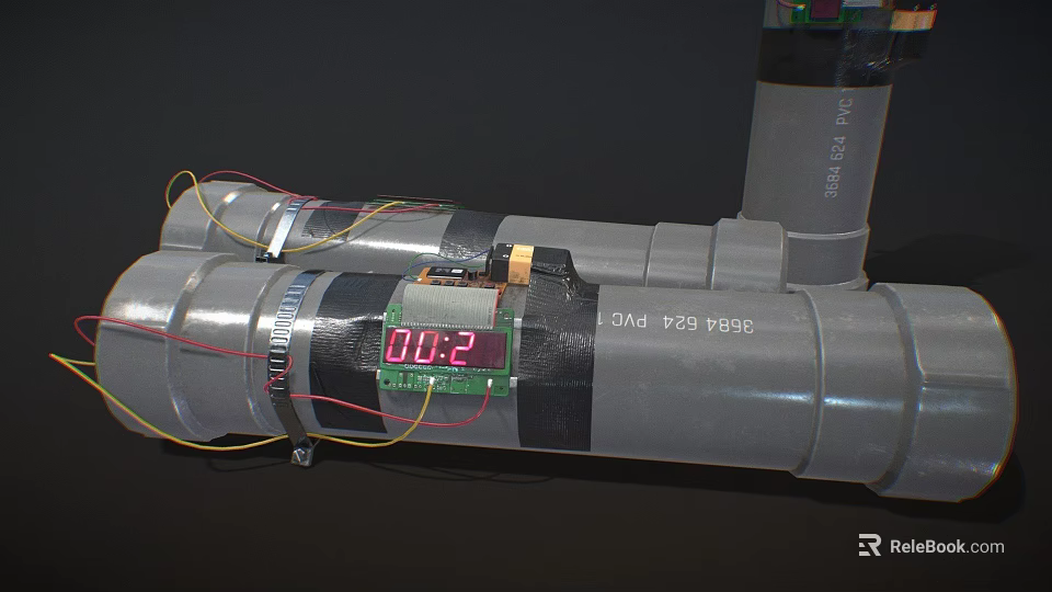 Explosive Weapon Featuring Pipe Structure Timer Display C4 Label And Wires 3d model