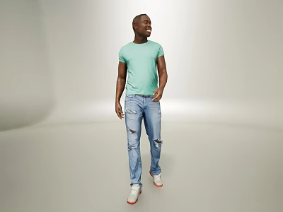 Man Standing in Light Green T-shirt and Distressed Jeans with White Shoes on Gray Background 3d model