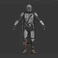 Helmeted Armored Warrior Standing With Small Green Alien Creature Companion