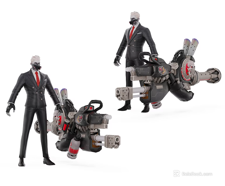 Game Movie Characters In Black Suit With Red Tie Masked Holding Large Mechanical Weapon 3d model 