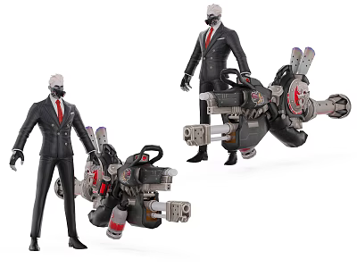 Game Movie Characters In Black Suit With Red Tie Masked Holding Large Mechanical Weapon 3d model
