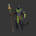 Panther Themed Warrior Character With Green Gold Accents And Decorative Staff