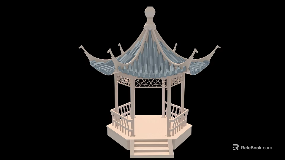 Elegant Traditional Chinese Garden Ornament With Blue Roof Upturned Eaves And White Railings 3d model 