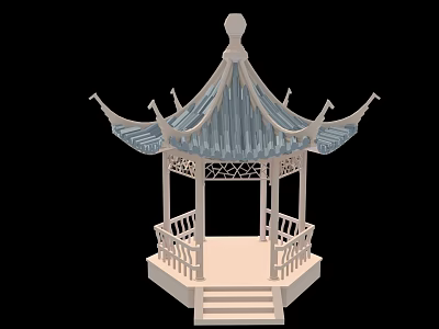 Elegant Traditional Chinese Garden Ornament With Blue Roof Upturned Eaves And White Railings 3d model