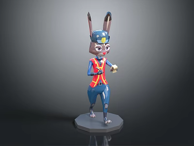 3D Rabbit Character In Blue Red Outfit With Hat Holding Golden Object On Gray Base 3d model