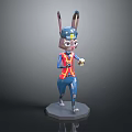 3D Rabbit Character In Blue Red Outfit With Hat Holding Golden Object On Gray Base
