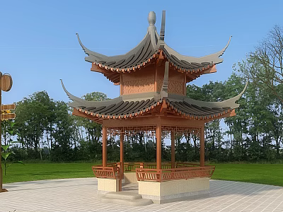 Traditional Chinese Wooden Pavilion With Two Story Roof Surrounded By Green Trees 3d model