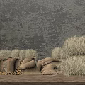 Hessian Storage Sacks Filled With Potatoes Near Hay Bales On Dirt Ground