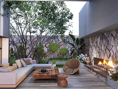 Stylish Courtyard Garden With Cozy Sofa Stone Fireplace And Lush Green Plants 3d model