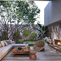 Stylish Courtyard Garden With Cozy Sofa Stone Fireplace And Lush Green Plants