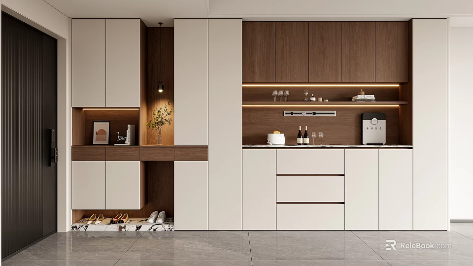 Modern Wooden And White Shoe Cabinet With Storage Compartments Decorative Plants And Lighting 3d model 