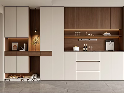 Modern Wooden And White Shoe Cabinet With Storage Compartments Decorative Plants And Lighting 3d model