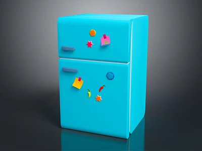 Blue Two Door Refrigerator With Colorful Magnet Decorations In Modern Home Design 3d model