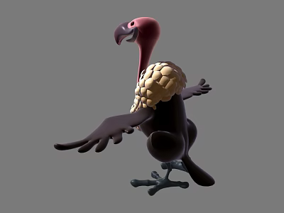 Cartoon Turkey with Red Head Spread Wings and Brown Body in Standing Pose 3d model