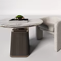 Modern Round Marble Top Table With Dark Legs And Light Gray Upholstered Chair Set