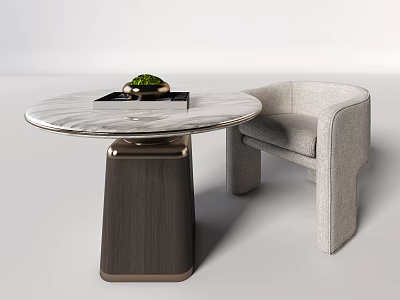 Modern Round Marble Top Table With Dark Legs And Light Gray Upholstered Chair Set 3d model