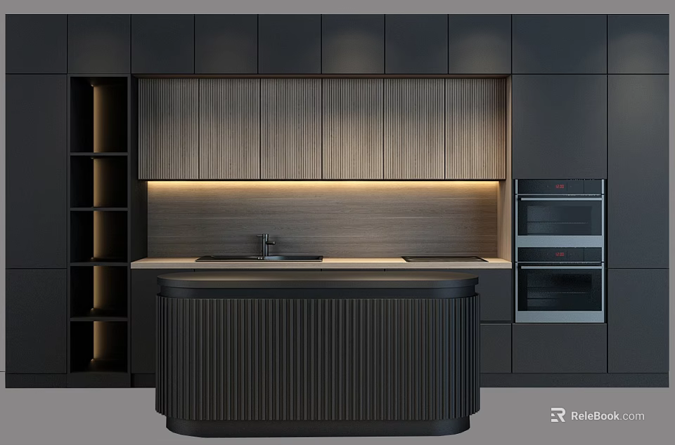 Modern Kitchen With Dark Cabinets Under Cabinet Lighting Island And Ovens 3d model 