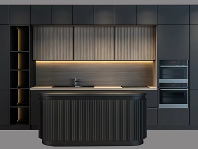 Modern Kitchen With Dark Cabinets Under Cabinet Lighting Island And Ovens 3d model