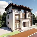 Modern Two Story Single Family Villa With White Brown Exterior And Garden Yard