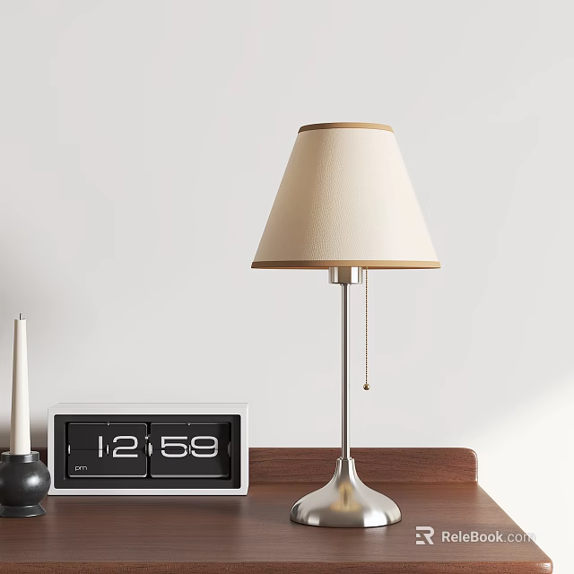 Beige Table Lamp with Silver Base on Wooden Table and Digital Clock Candle White Wall 3d model 
