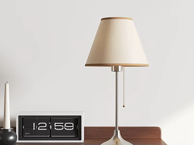 Beige Table Lamp with Silver Base on Wooden Table and Digital Clock Candle White Wall 3d model