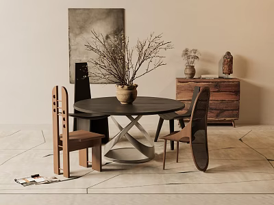 Modern Round Dining Table Set With Wooden Chairs Decorative Vase And Wooden Cabinet 3d model