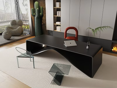 Modern Home Office Interior With Black Curved Desk Red Chair Laptop And Cactus 3d model