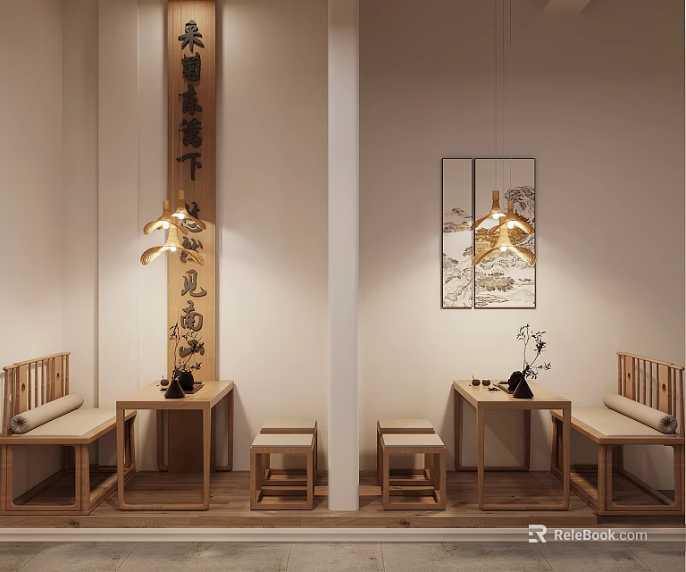 Traditional Chinese Restaurant Interior With Wooden Tables Benches Hanging Lights And Calligraphy Decor 3d model 