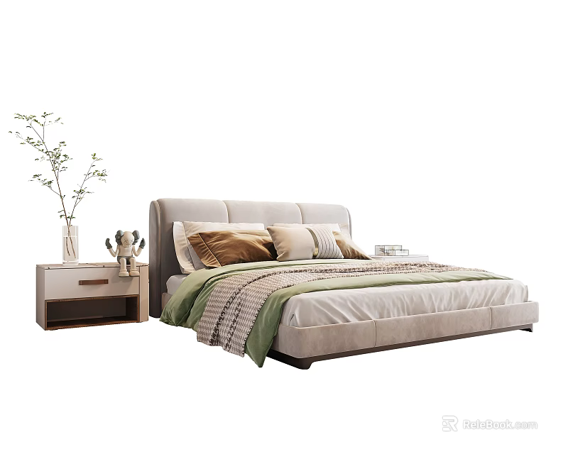 Double Bed with Upholstered Headboard Brown Beige Pillows Green Beige Blanket and Nightstand Vase Decorations 3d model 