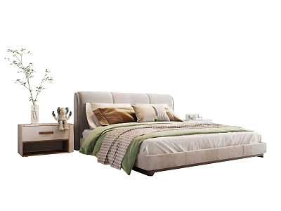 Double Bed with Upholstered Headboard Brown Beige Pillows Green Beige Blanket and Nightstand Vase Decorations 3d model