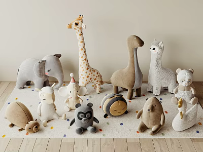 Assorted Soft Plush Animal Toys On Carpet And Wood Floor 3d model