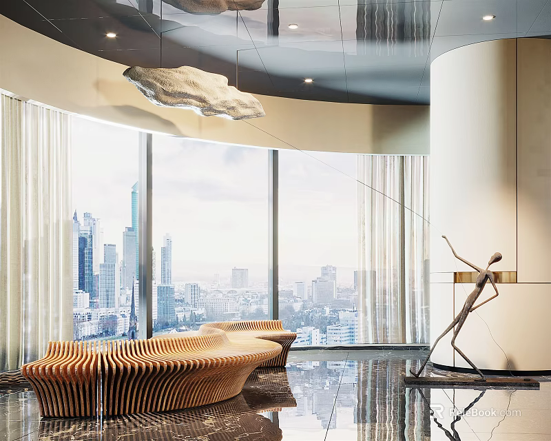Artistic Sculpture in Modern Interior With Curved Wooden Bench Large Windows And City View 3d model 
