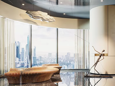 Artistic Sculpture in Modern Interior With Curved Wooden Bench Large Windows And City View 3d model