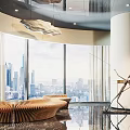 Artistic Sculpture in Modern Interior With Curved Wooden Bench Large Windows And City View