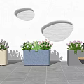 White Blue Gray Flower Planters With Green Plants On Concrete Floor And Minimalist Wall