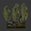 Cartoon Scene With Green Trees Small House Red And Blue Cars And Stairs