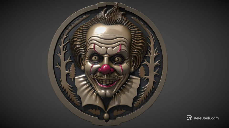 Decorative Metal Circular Badge Featuring Clown Face With Vintage Foliage Decor And Artistic Detailing 3d model 