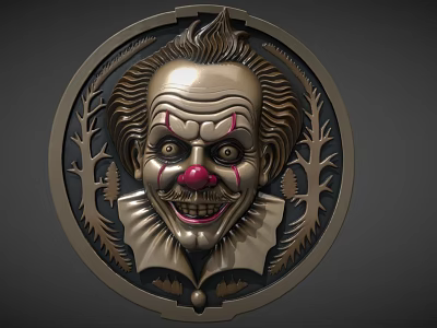 Decorative Metal Circular Badge Featuring Clown Face With Vintage Foliage Decor And Artistic Detailing 3d model
