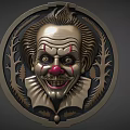 Decorative Metal Circular Badge Featuring Clown Face With Vintage Foliage Decor And Artistic Detailing