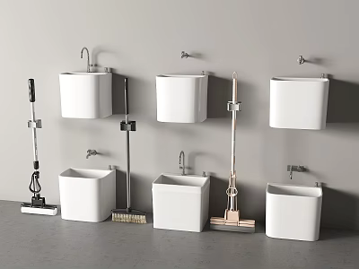 Wall Mounted White Sinks With Cleaning Tools Mops And Brooms In Utility Area 3d model