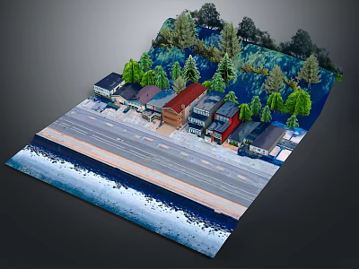 3D Cartoon Scene Model With Road Buildings Trees And Water Area 3d model