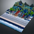 3D Cartoon Scene Model With Road Buildings Trees And Water Area