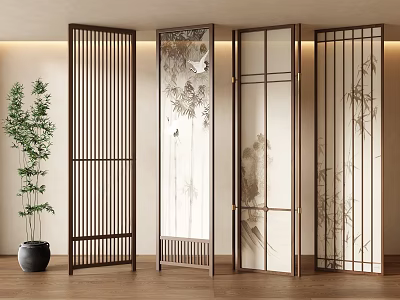 Chinese Style Room Dividers With Bamboo Patterns And Vertical Slats In Modern Interior 3d model