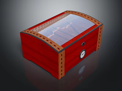 Red Wooden Cigar Box With Transparent Glass Lid Showing Cigars Inside And Round Gauge 3d model