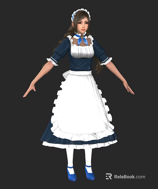 Woman in Blue and White Maid Costume with Ruffled Skirt and Bow 3d model 
