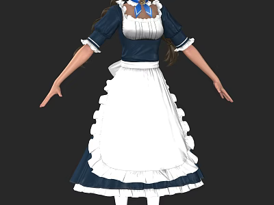 Woman in Blue and White Maid Costume with Ruffled Skirt and Bow 3d model