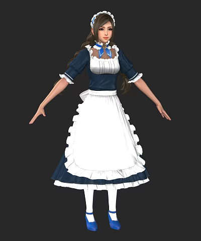 Woman in Blue and White Maid Costume with Ruffled Skirt and Bow 3d model