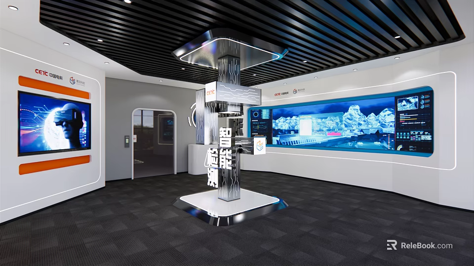 Modern Exhibition Hall With Digital Display Column And Large Screens Hi Tech Interior 3d model 