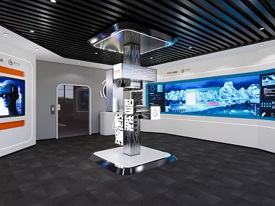 Modern Exhibition Hall With Digital Display Column And Large Screens Hi Tech Interior 3d model
