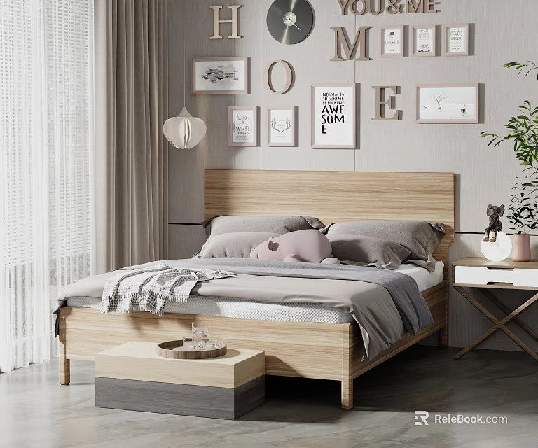 Double Bed with Wooden Headboard Gray Bedding Pink Pillow and Wall Art in Modern Bedroom 3d model 